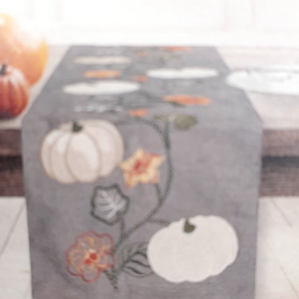 Fall Embroidered Table Runner 14x70 Rory Pumpkin Flowers Linen Blend Gray - Picture 4 of 4